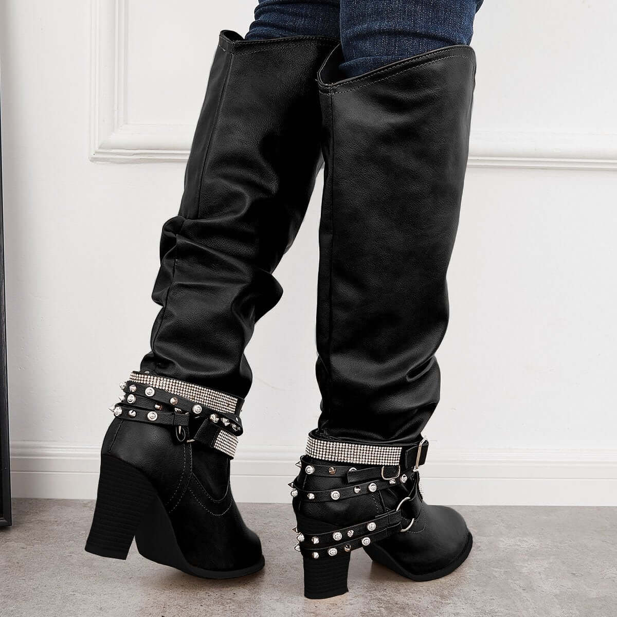 Women's Slouchy Knee High Riding Boots Chunky Heel Western Boots