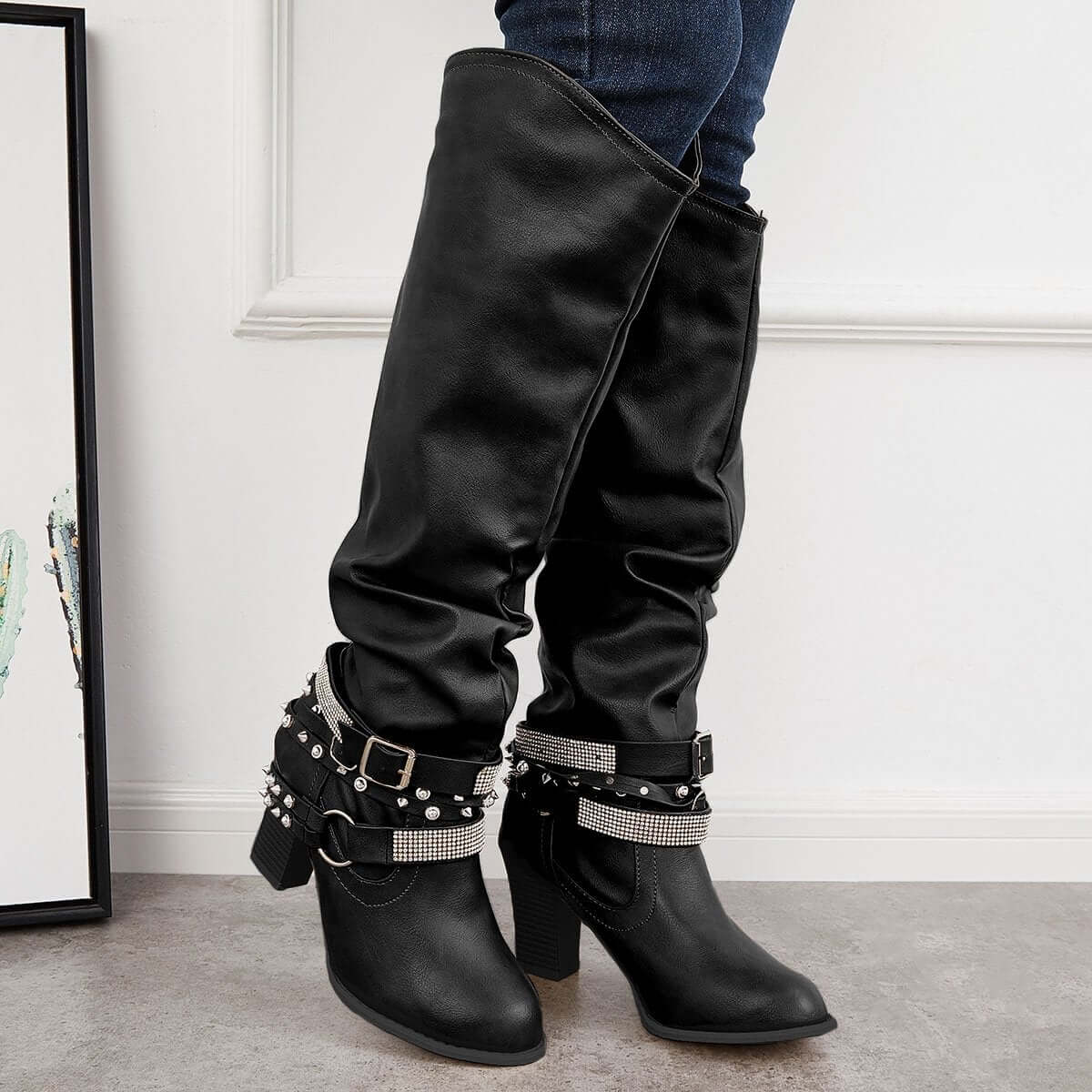 Women's Slouchy Knee High Riding Boots Chunky Heel Western Boots