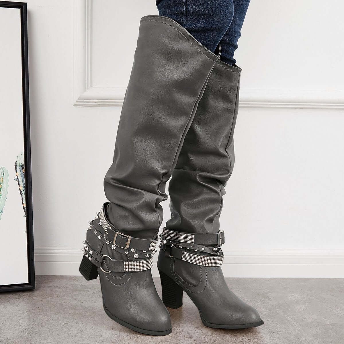 Women's Slouchy Knee High Riding Boots Chunky Heel Western Boots