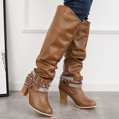 Women's Slouchy Knee High Riding Boots Chunky Heel Western Boots