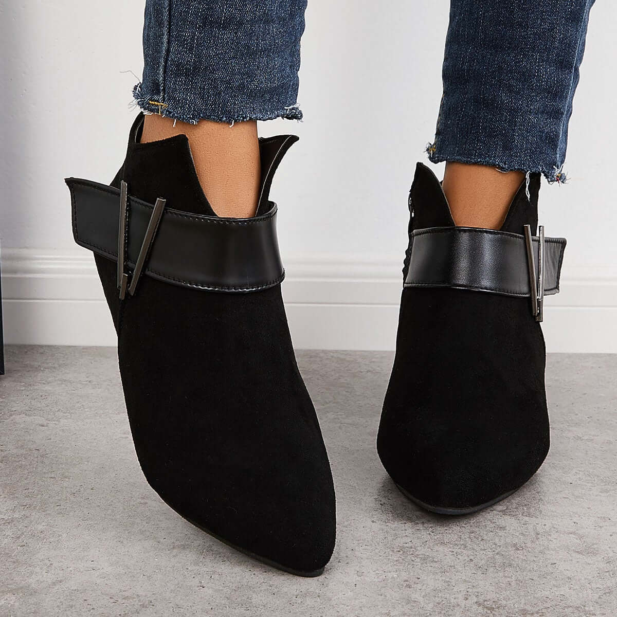 Pointed Toe Kitten Heels Ankle Boots Side Zipper Booties