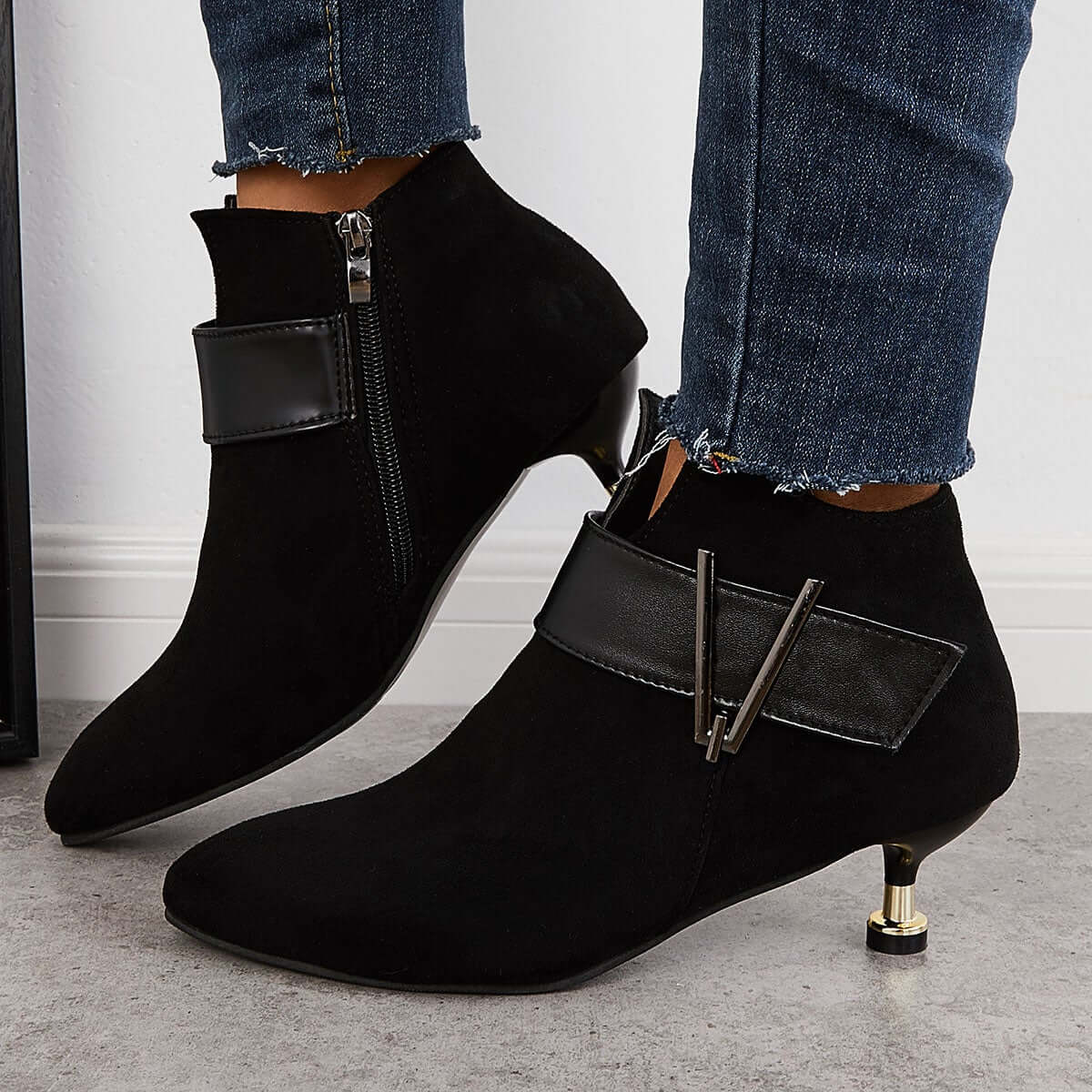 Pointed Toe Kitten Heels Ankle Boots Side Zipper Booties