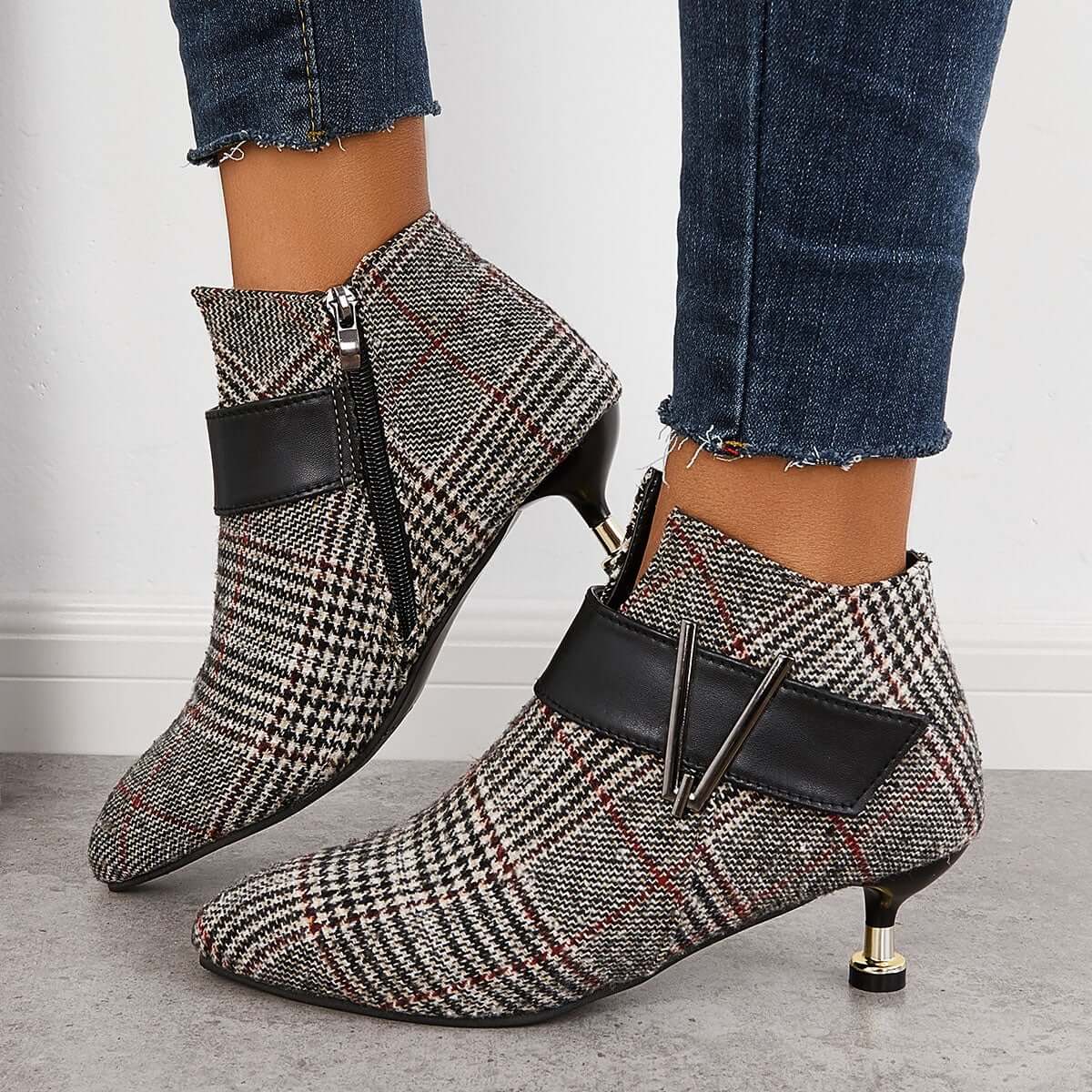 Pointed Toe Kitten Heels Ankle Boots Side Zipper Booties