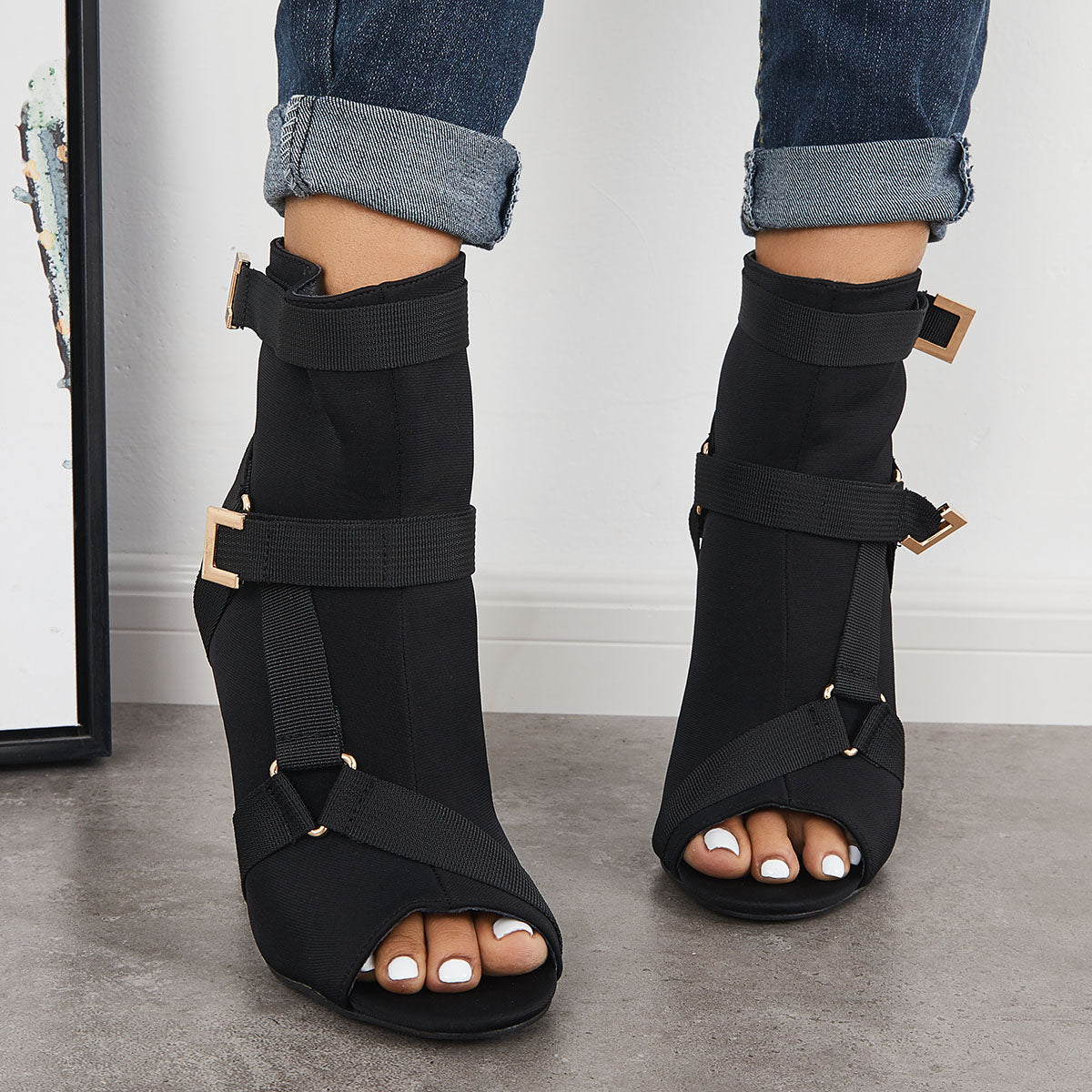 Peep Toe Stiletto High Heels Back Zipper Ankle Boots