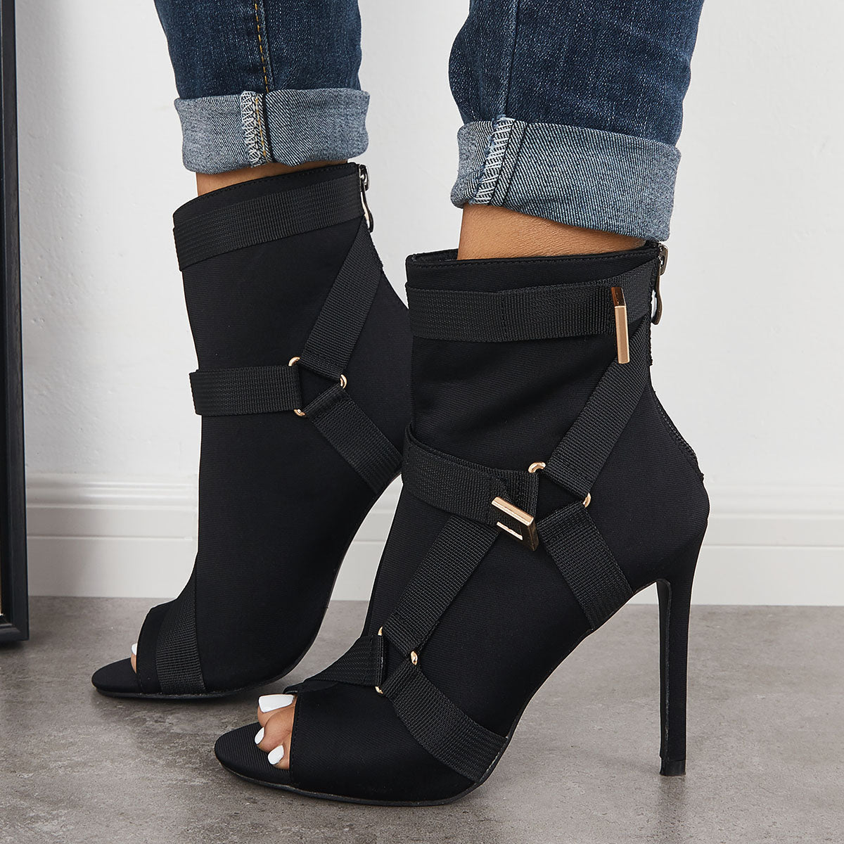 Peep Toe Stiletto High Heels Back Zipper Ankle Boots