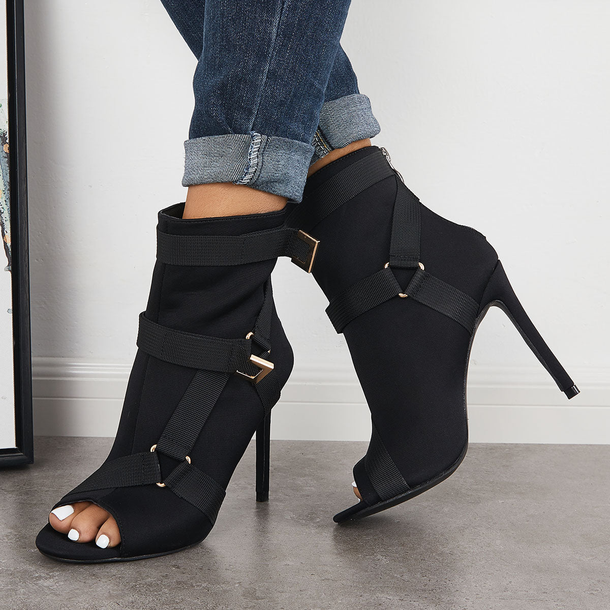 Peep Toe Stiletto High Heels Back Zipper Ankle Boots