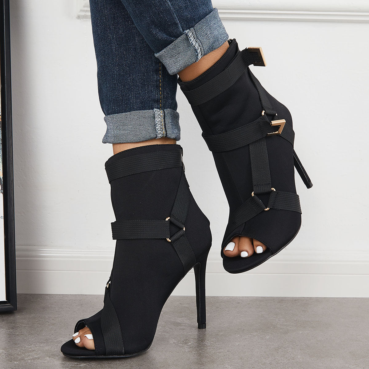 Peep Toe Stiletto High Heels Back Zipper Ankle Boots