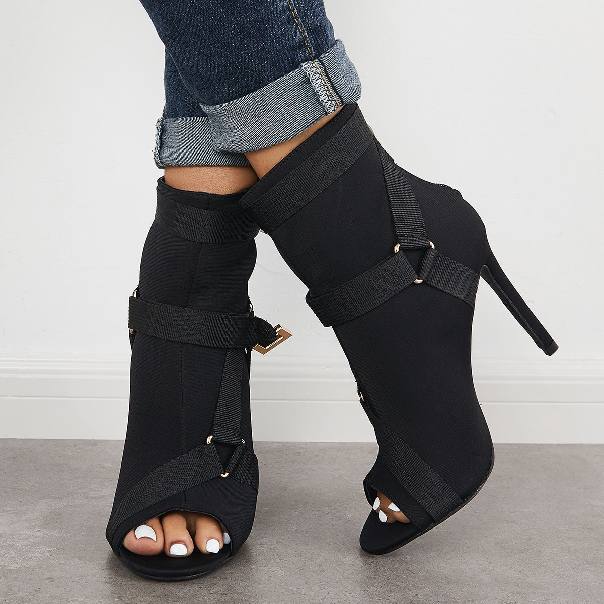 Peep Toe Stiletto High Heels Back Zipper Ankle Boots