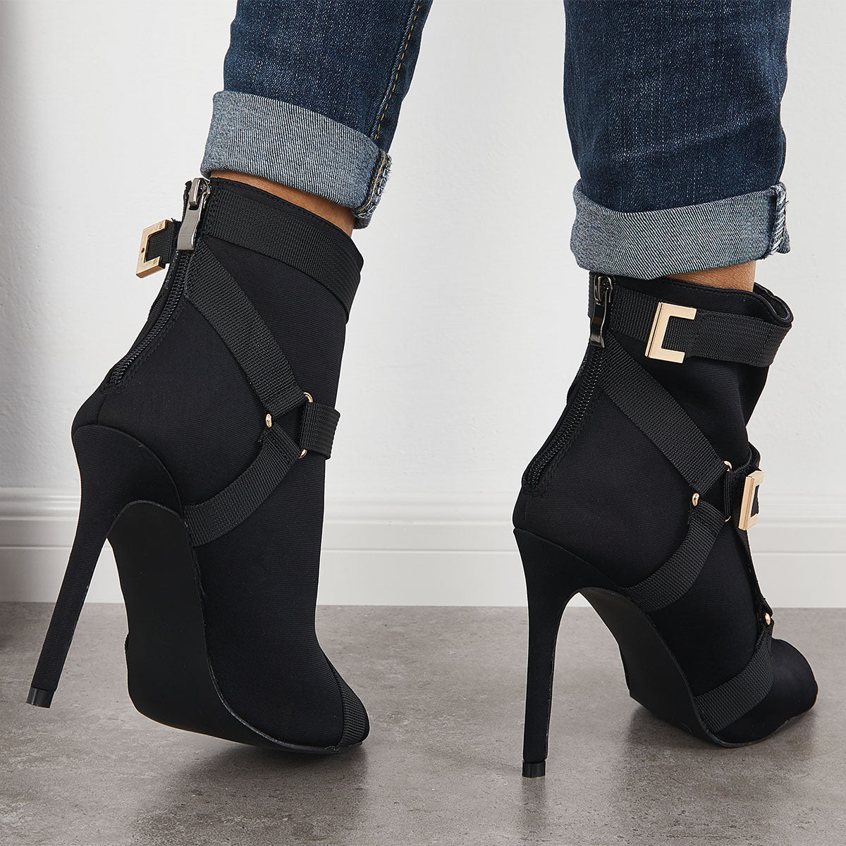 Peep Toe Stiletto High Heels Back Zipper Ankle Boots