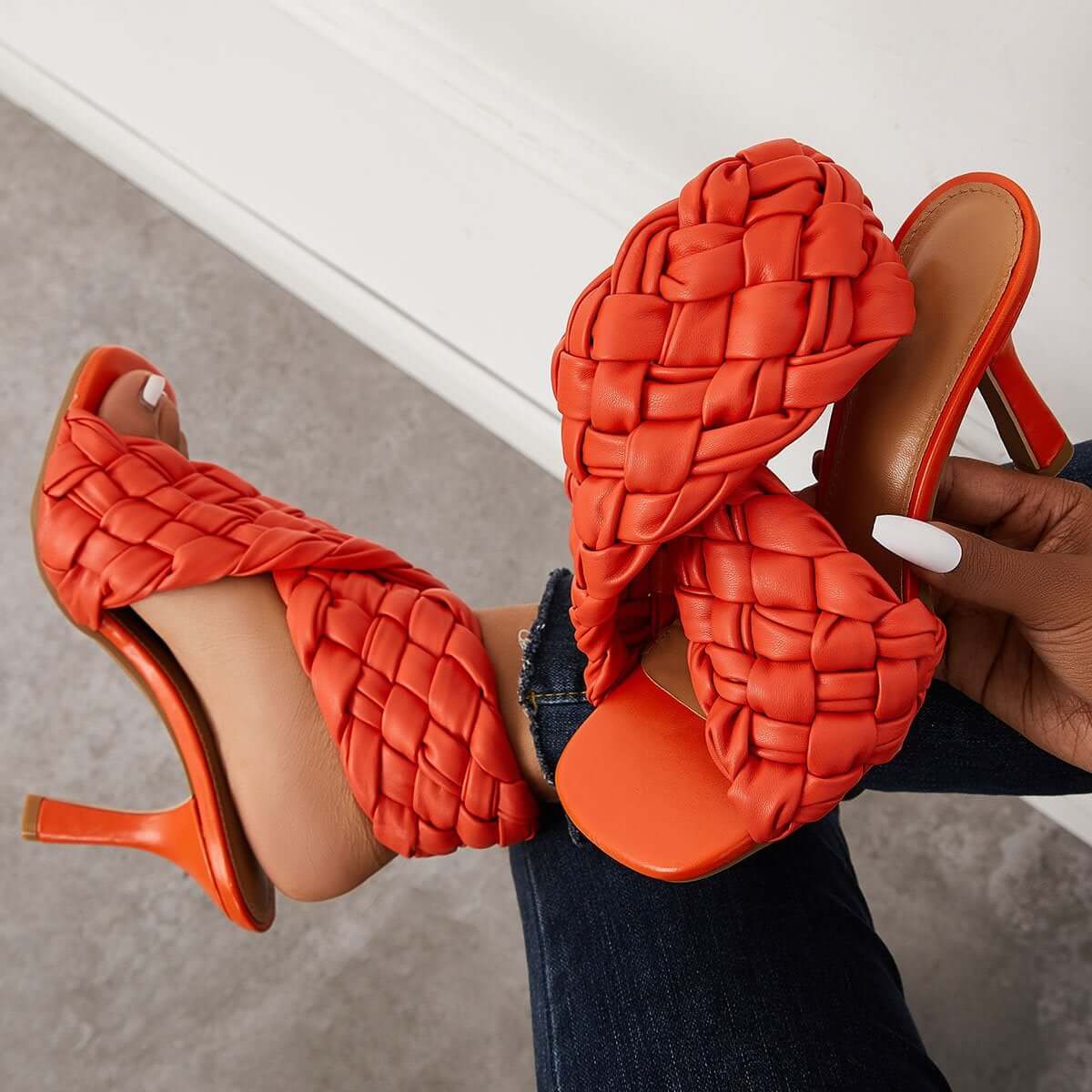 Braided Woven Stilettos High Heels Criss Cross Ankle Strap Sandals