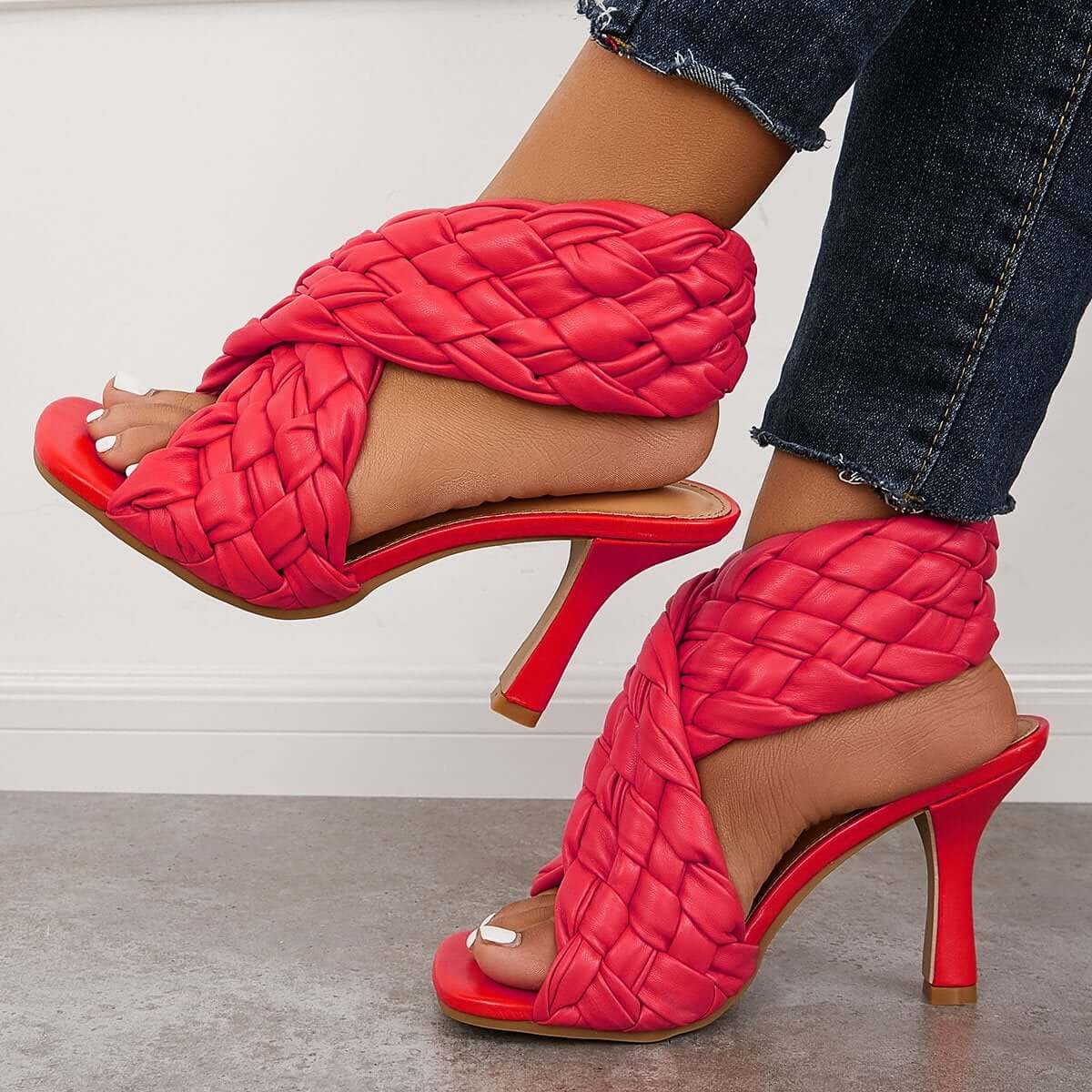 Braided Woven Stilettos High Heels Criss Cross Ankle Strap Sandals