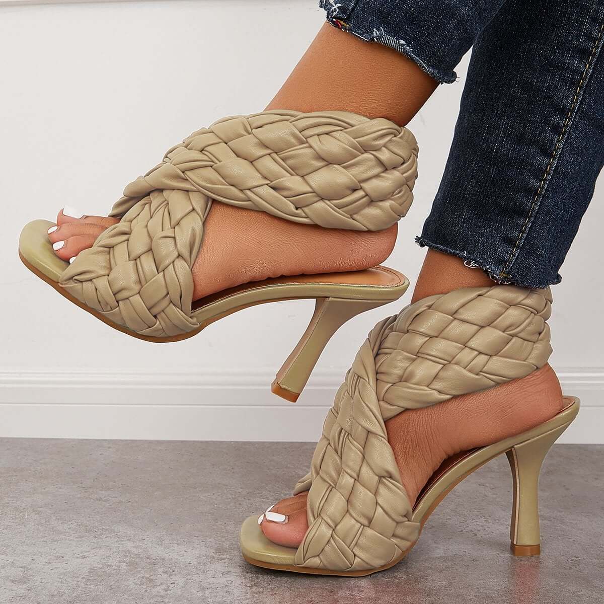 Braided Woven Stilettos High Heels Criss Cross Ankle Strap Sandals