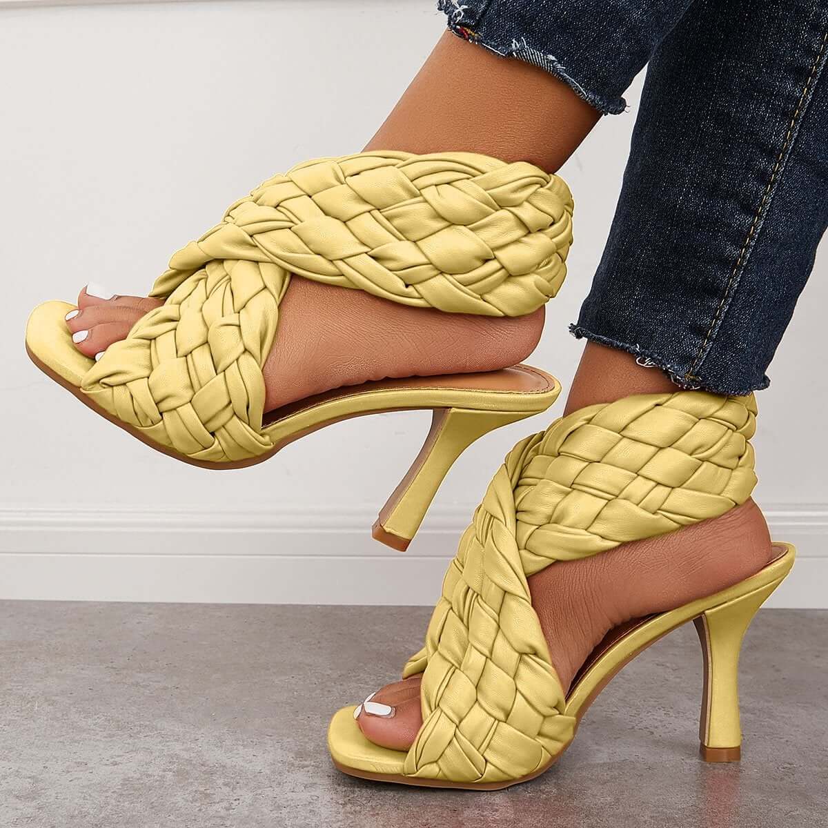 Braided Woven Stilettos High Heels Criss Cross Ankle Strap Sandals