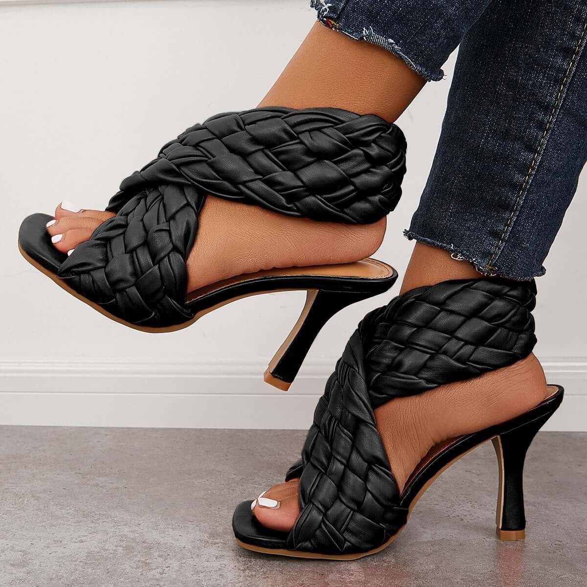 Braided Woven Stilettos High Heels Criss Cross Ankle Strap Sandals