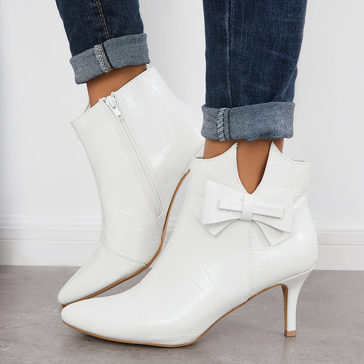 Women Fashion Sexy Ankle Boots Pointy Toe Bow Stiletto Heeled Booties