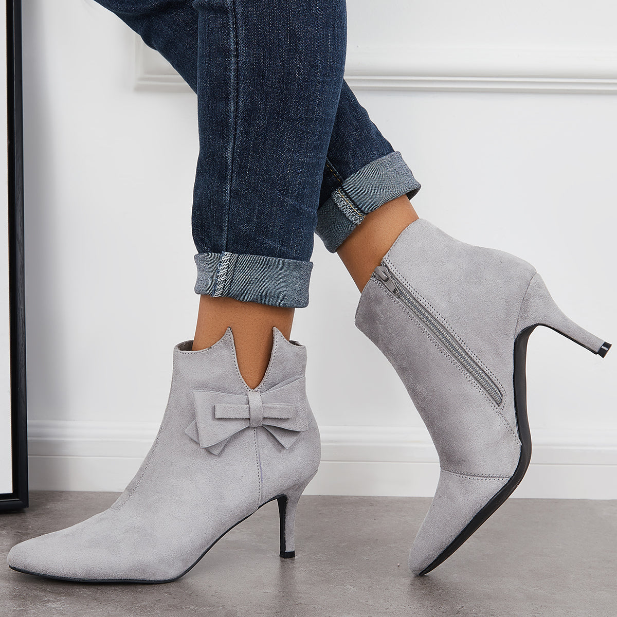 Women Fashion Sexy Ankle Boots Pointy Toe Bow Stiletto Heeled Booties