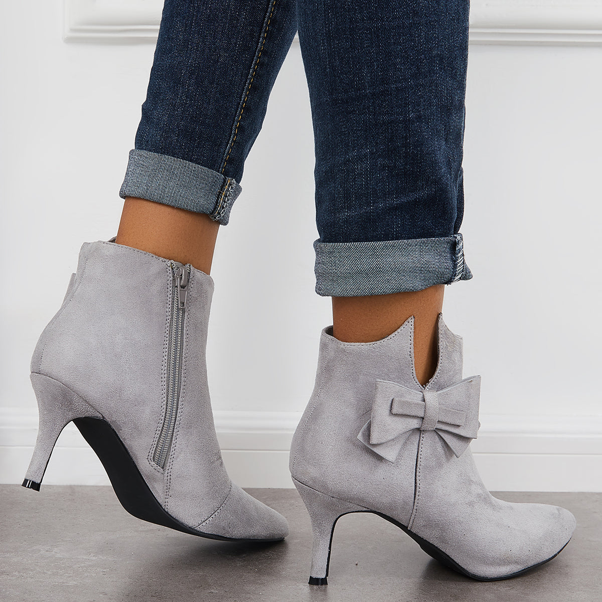 Women Fashion Sexy Ankle Boots Pointy Toe Bow Stiletto Heeled Booties