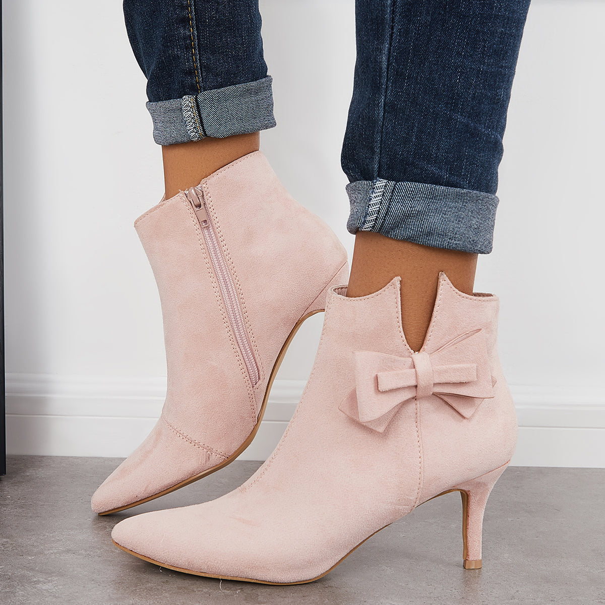 Women Fashion Sexy Ankle Boots Pointy Toe Bow Stiletto Heeled Booties