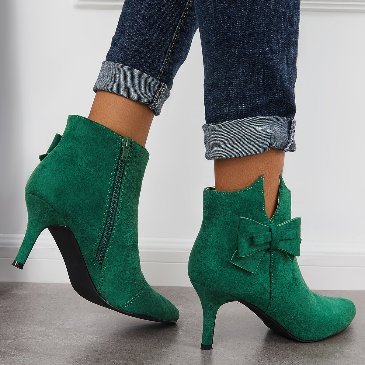 Women Fashion Sexy Ankle Boots Pointy Toe Bow Stiletto Heeled Booties