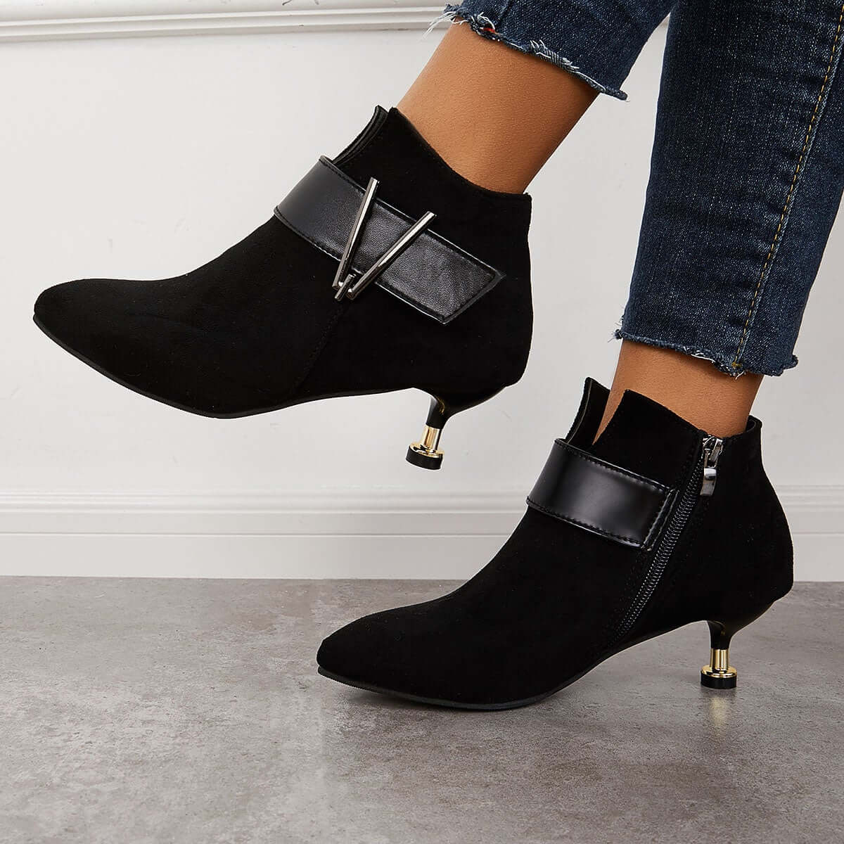 Pointed Toe Kitten Heels Ankle Boots Side Zipper Booties