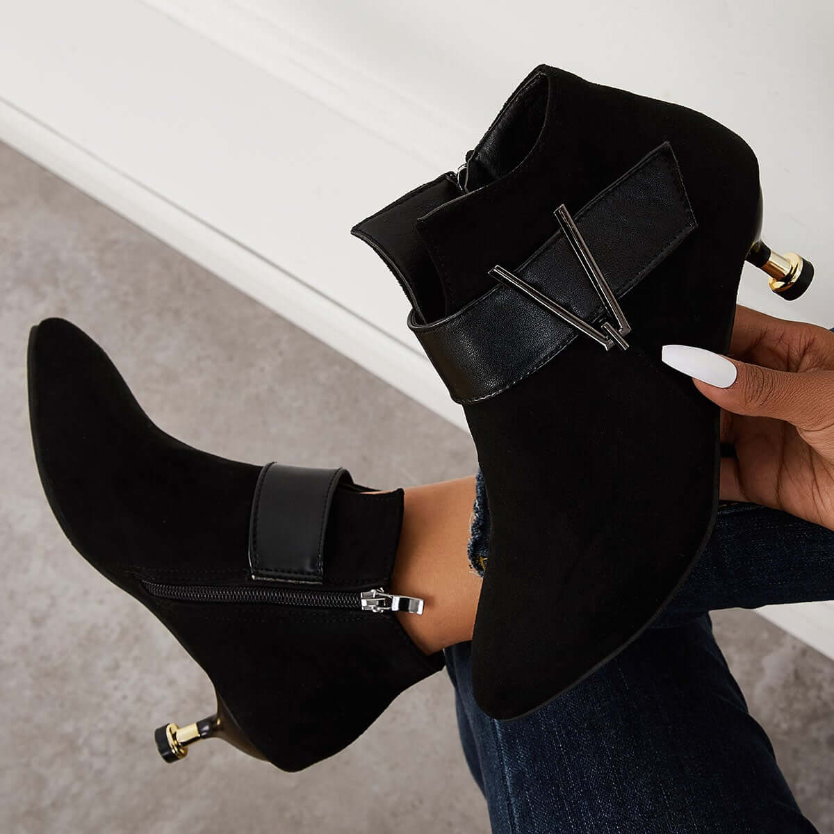 Pointed Toe Kitten Heels Ankle Boots Side Zipper Booties