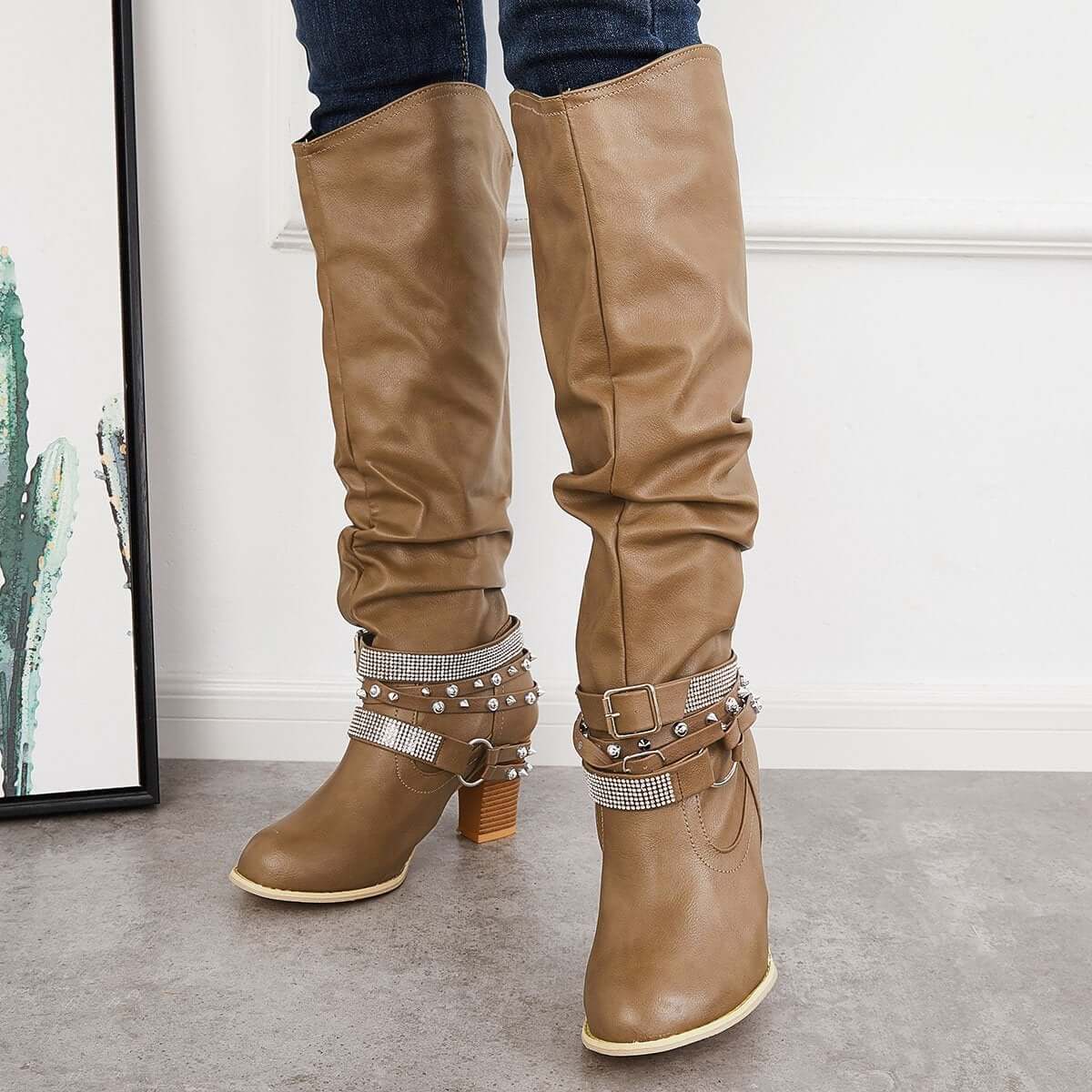 Women's Slouchy Knee High Riding Boots Chunky Heel Western Boots