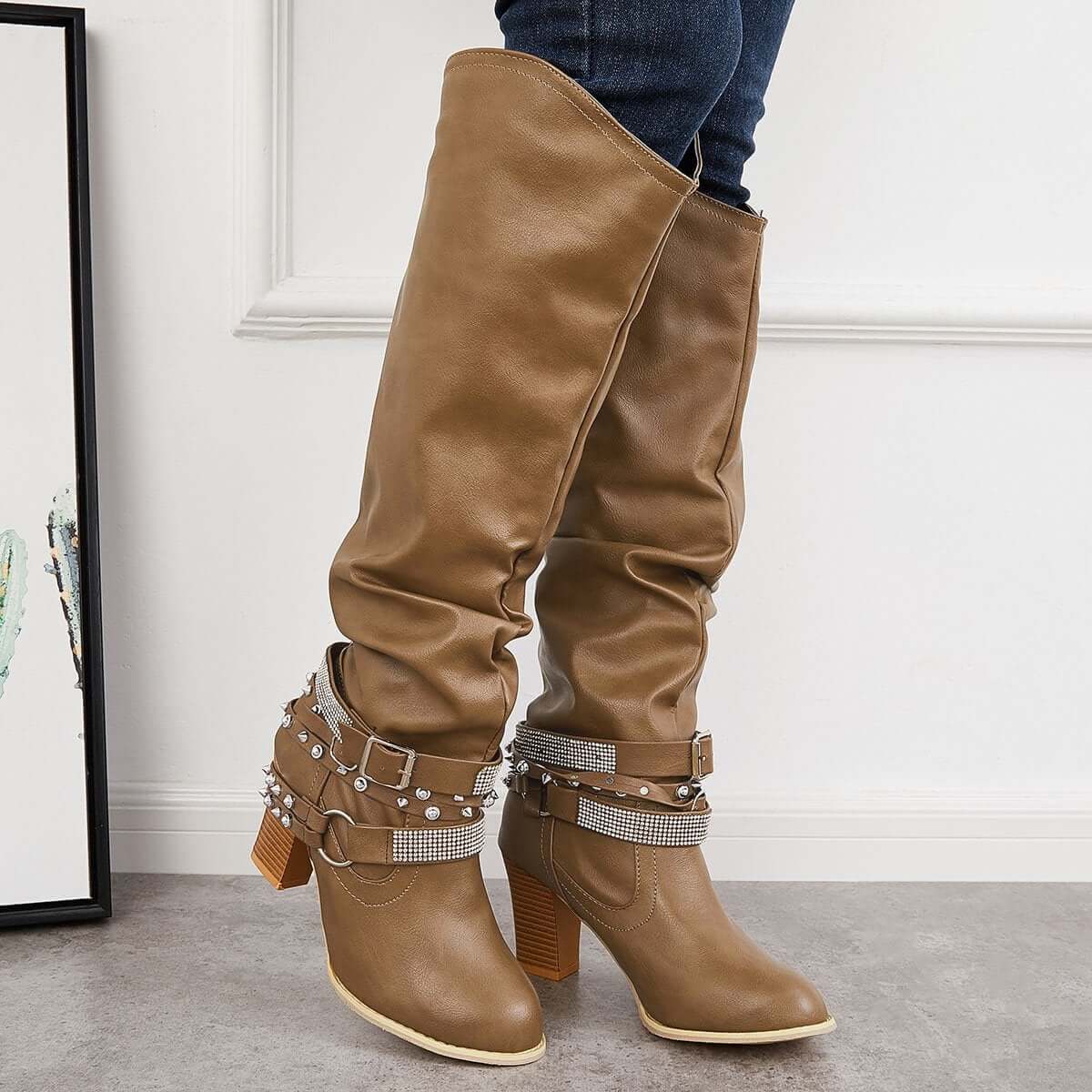 Women's Slouchy Knee High Riding Boots Chunky Heel Western Boots