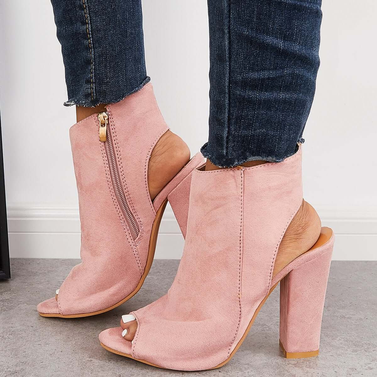 Chunky Block High Heels Peep Toe Ankle Strap Dress Boots