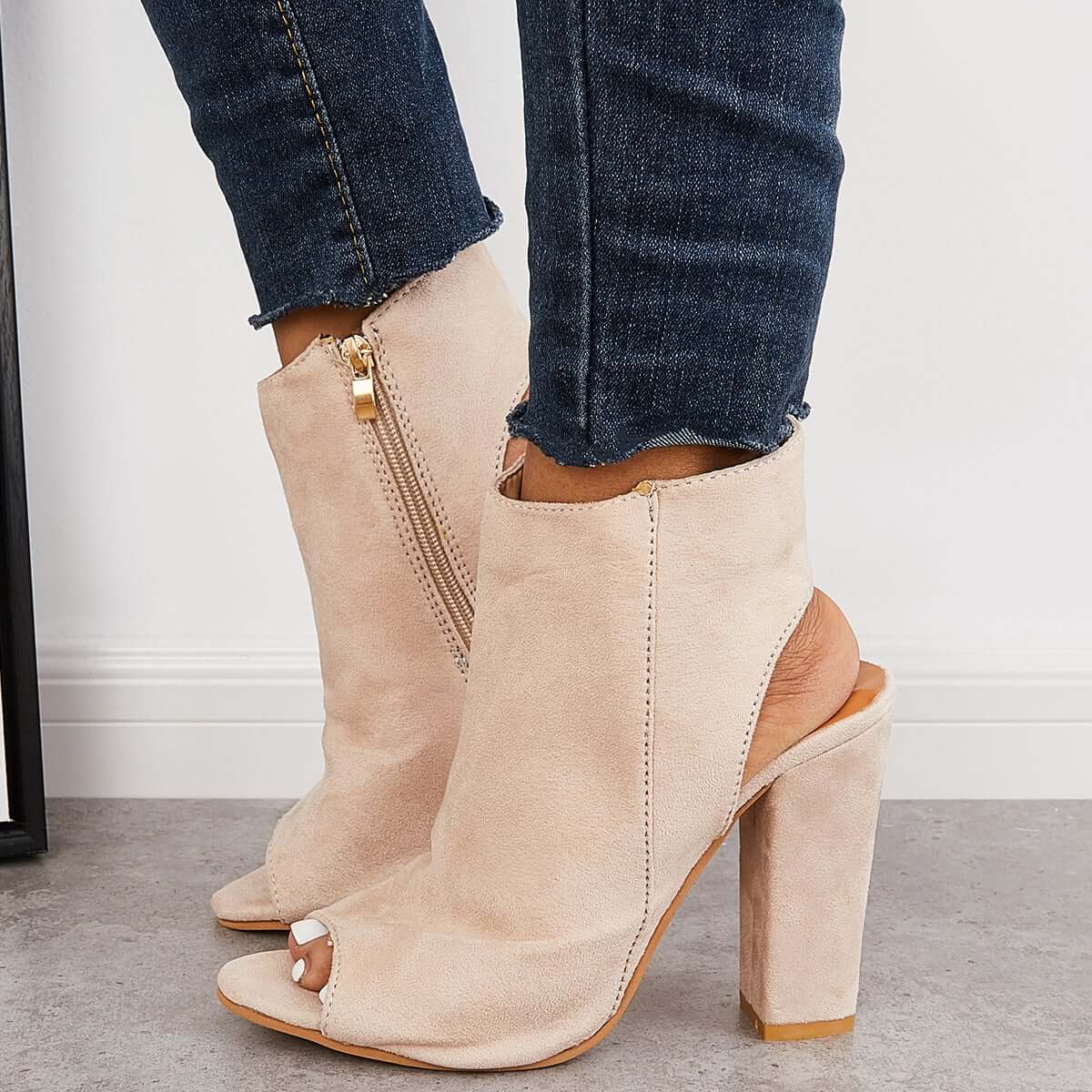 Chunky Block High Heels Peep Toe Ankle Strap Dress Boots