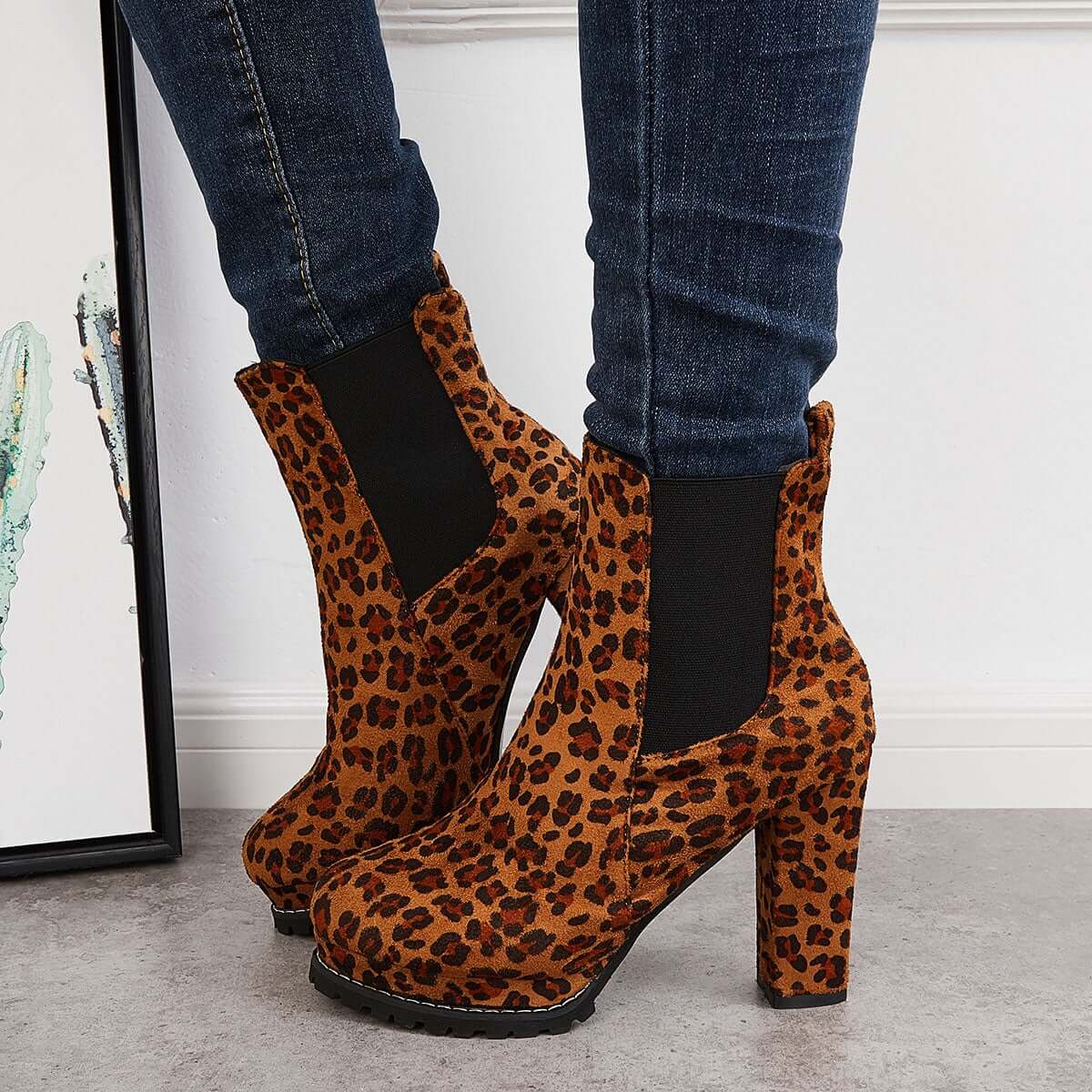 Suede Chunky Platform Heel Ankle Boots Slip-on Chelsea Booties