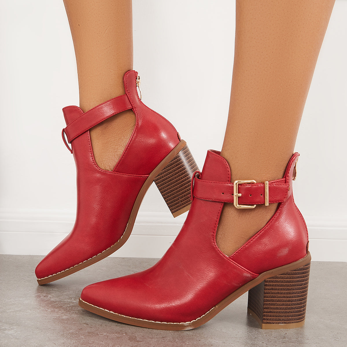 Women's Chunky Stacked Heel Ankle Boots Buckle Straps Western Booties