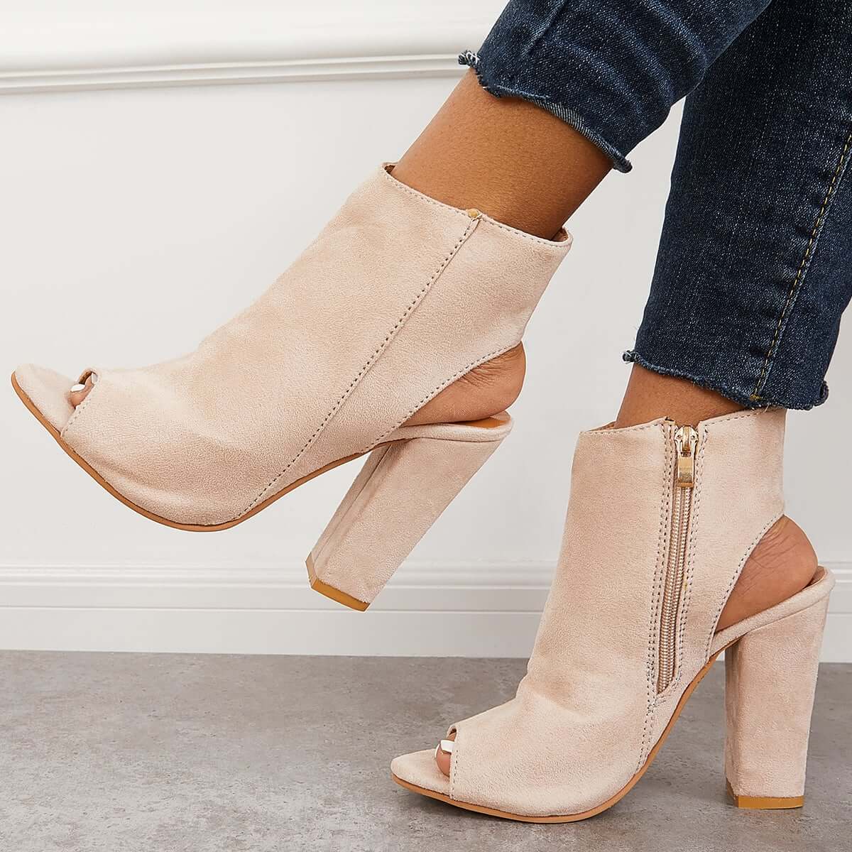 Chunky Block High Heels Peep Toe Ankle Strap Dress Boots