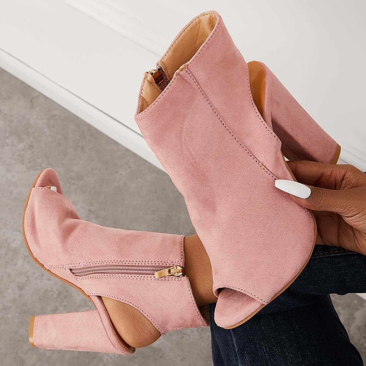 Chunky Block High Heels Peep Toe Ankle Strap Dress Boots