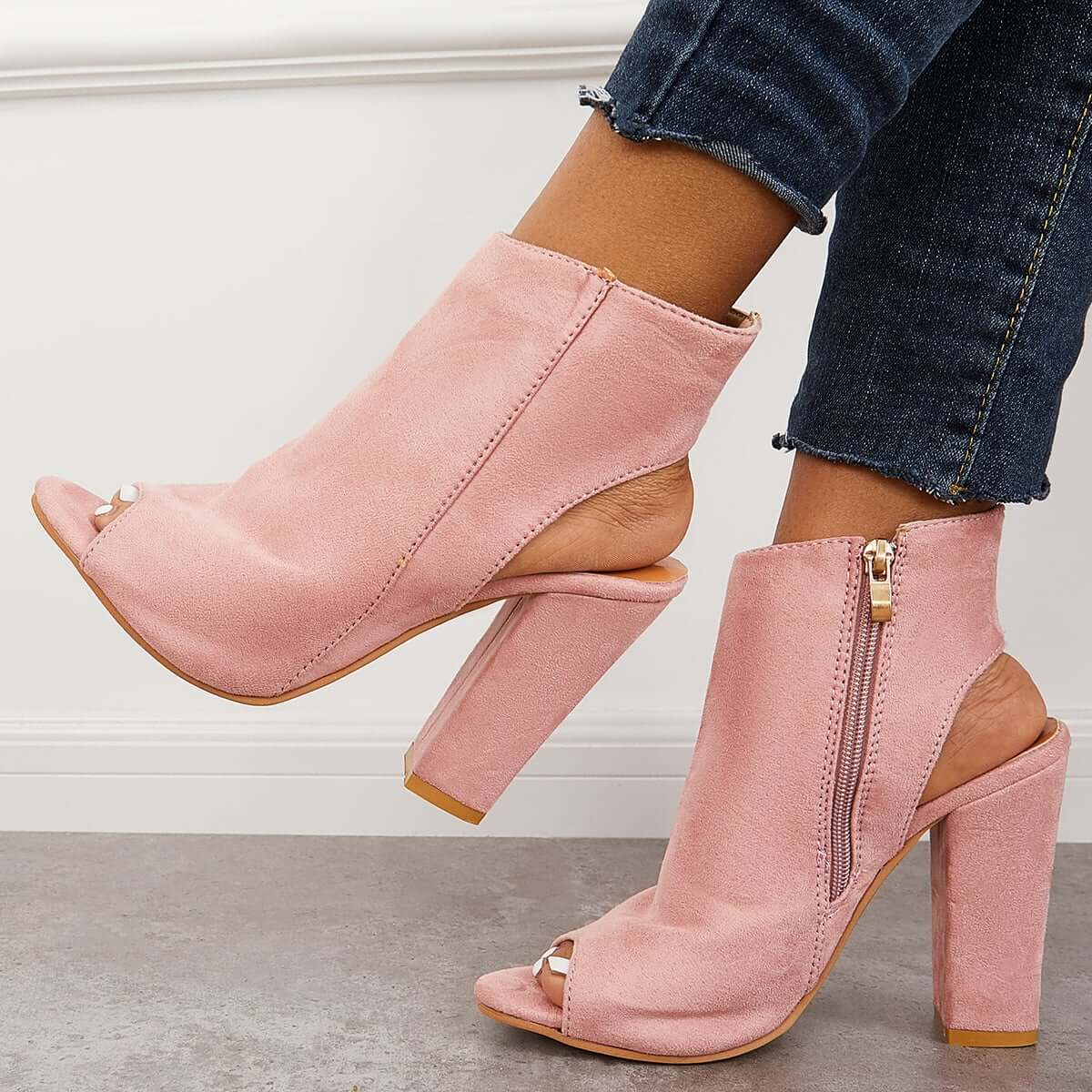 Chunky Block High Heels Peep Toe Ankle Strap Dress Boots