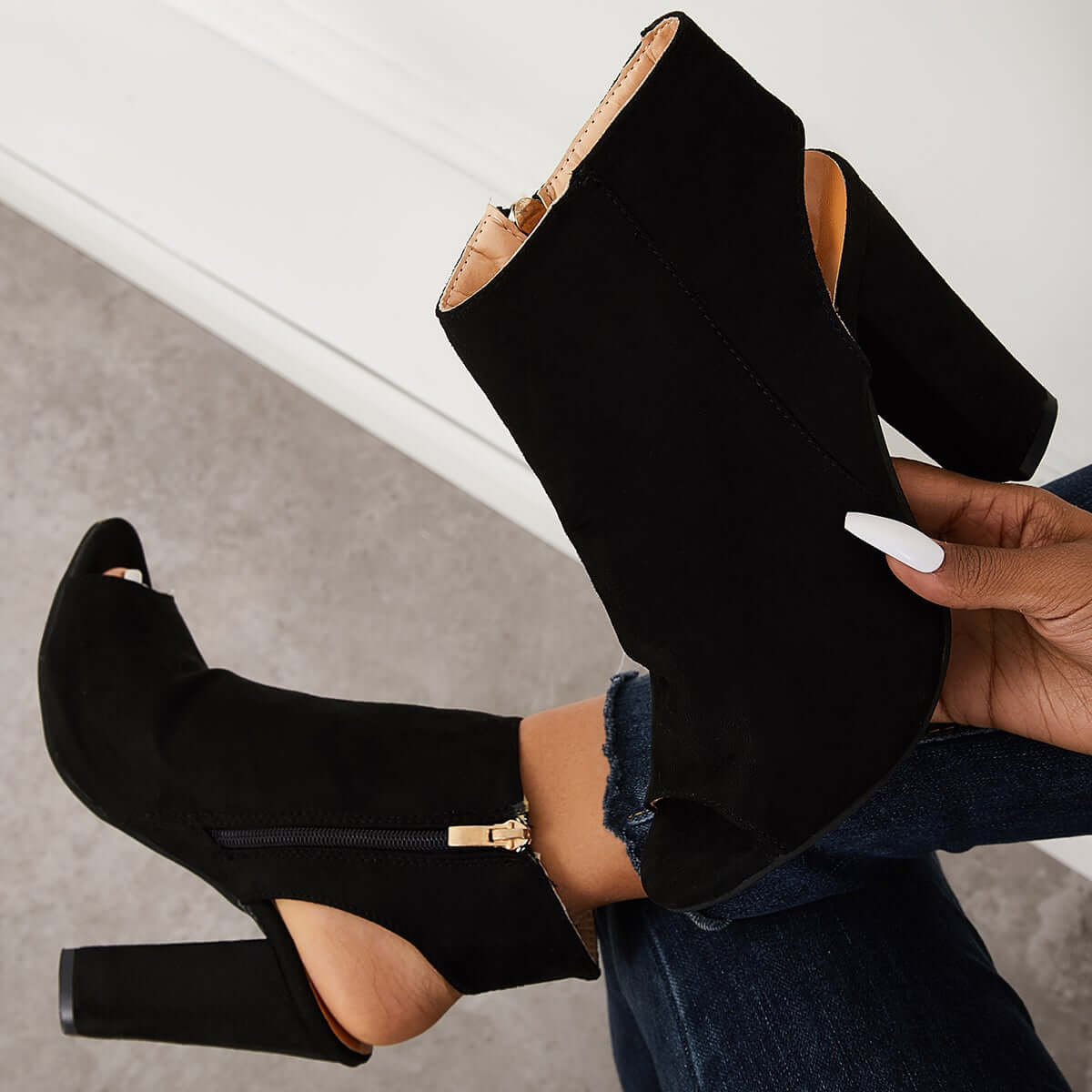 Chunky Block High Heels Peep Toe Ankle Strap Dress Boots