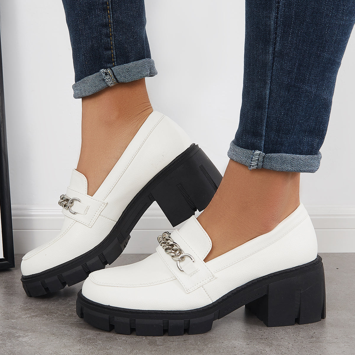 Slip on Penny Loafers Platform Chunky Heels Lug Sole Shoes