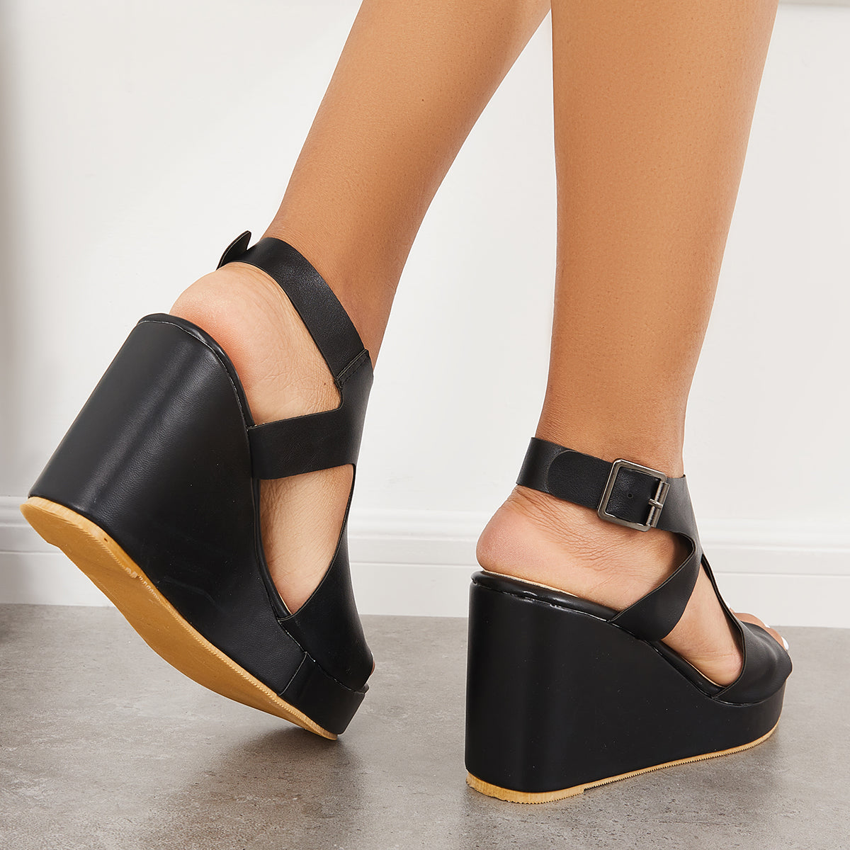 Black Cutout Slingback Platform Wedge Heels Ankle Strap Sandals