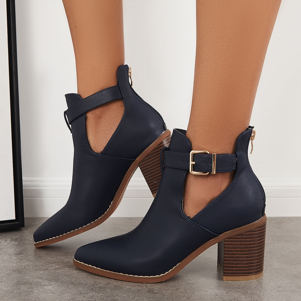 Women's Chunky Stacked Heel Ankle Boots Buckle Straps Western Booties