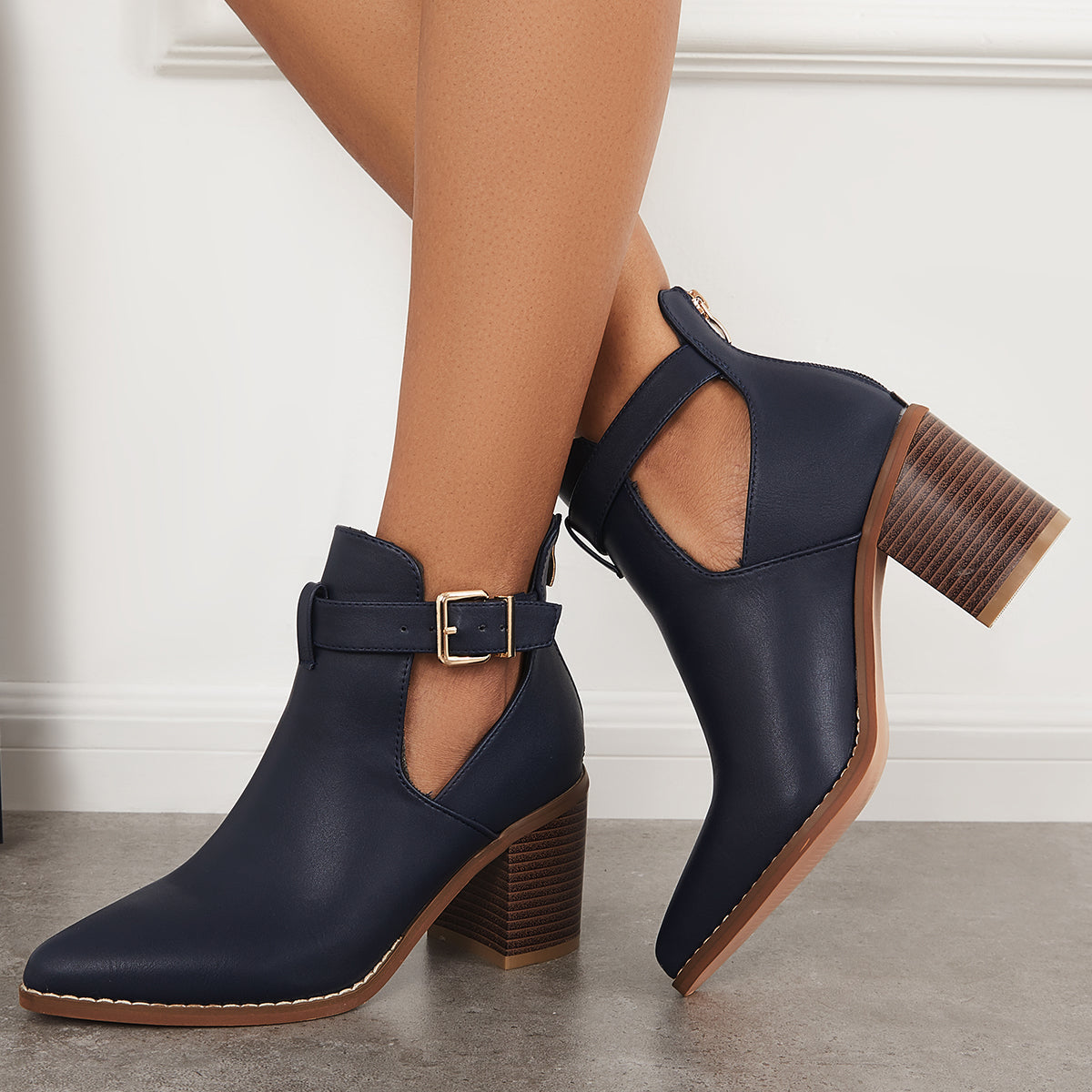 Women's Chunky Stacked Heel Ankle Boots Buckle Straps Western Booties