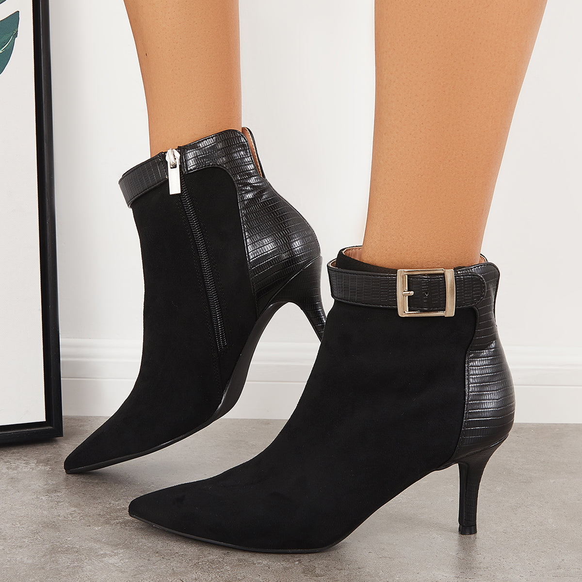 Women's Buckle Strap Kitten Heel Ankle Boots Pointy Toe Stilettos Booties