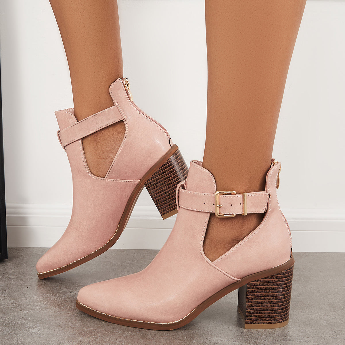 Women's Chunky Stacked Heel Ankle Boots Buckle Straps Western Booties