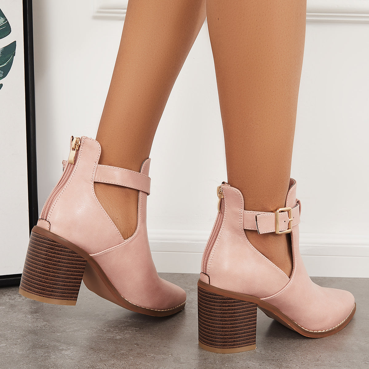 Women's Chunky Stacked Heel Ankle Boots Buckle Straps Western Booties