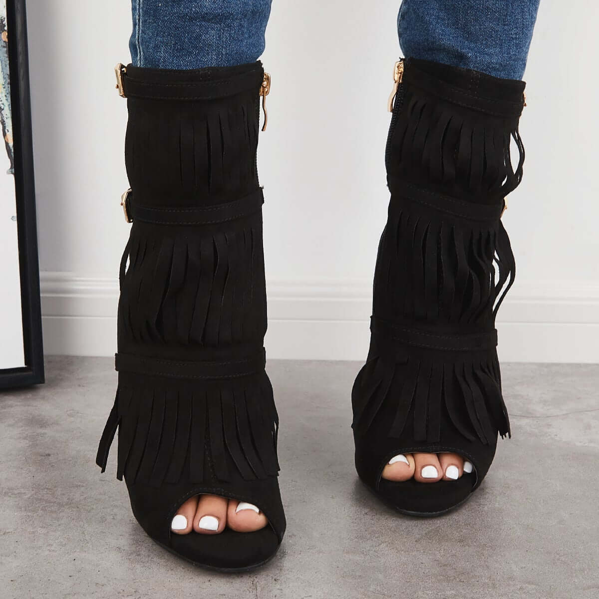 Women's Fashion Fringe Peep Toe Stilettos High Heels Ankle Boots