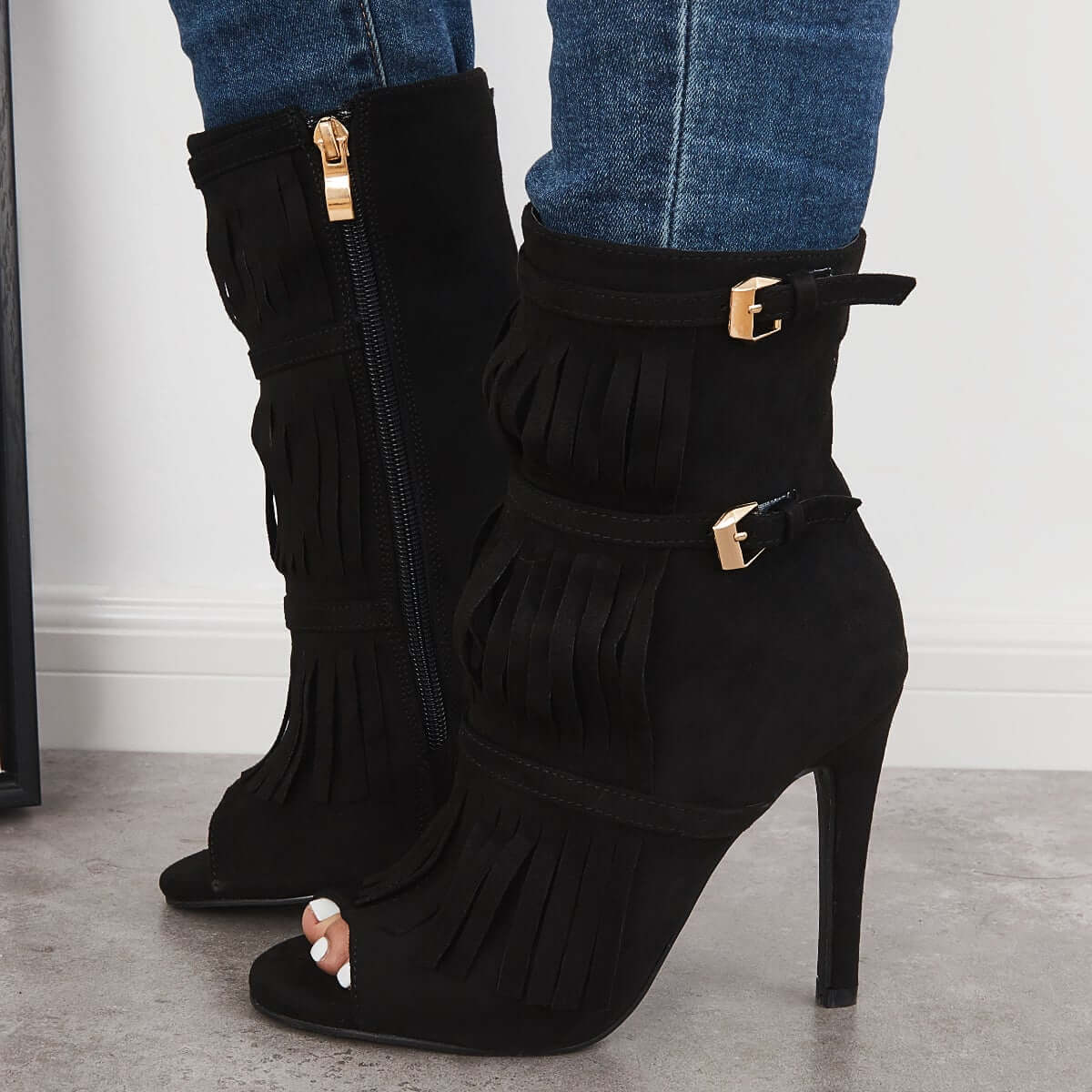 Women's Fashion Fringe Peep Toe Stilettos High Heels Ankle Boots