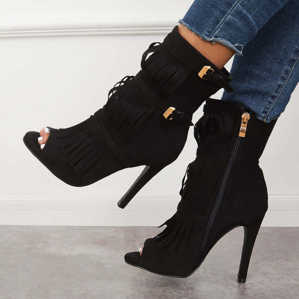 Women's Fashion Fringe Peep Toe Stilettos High Heels Ankle Boots