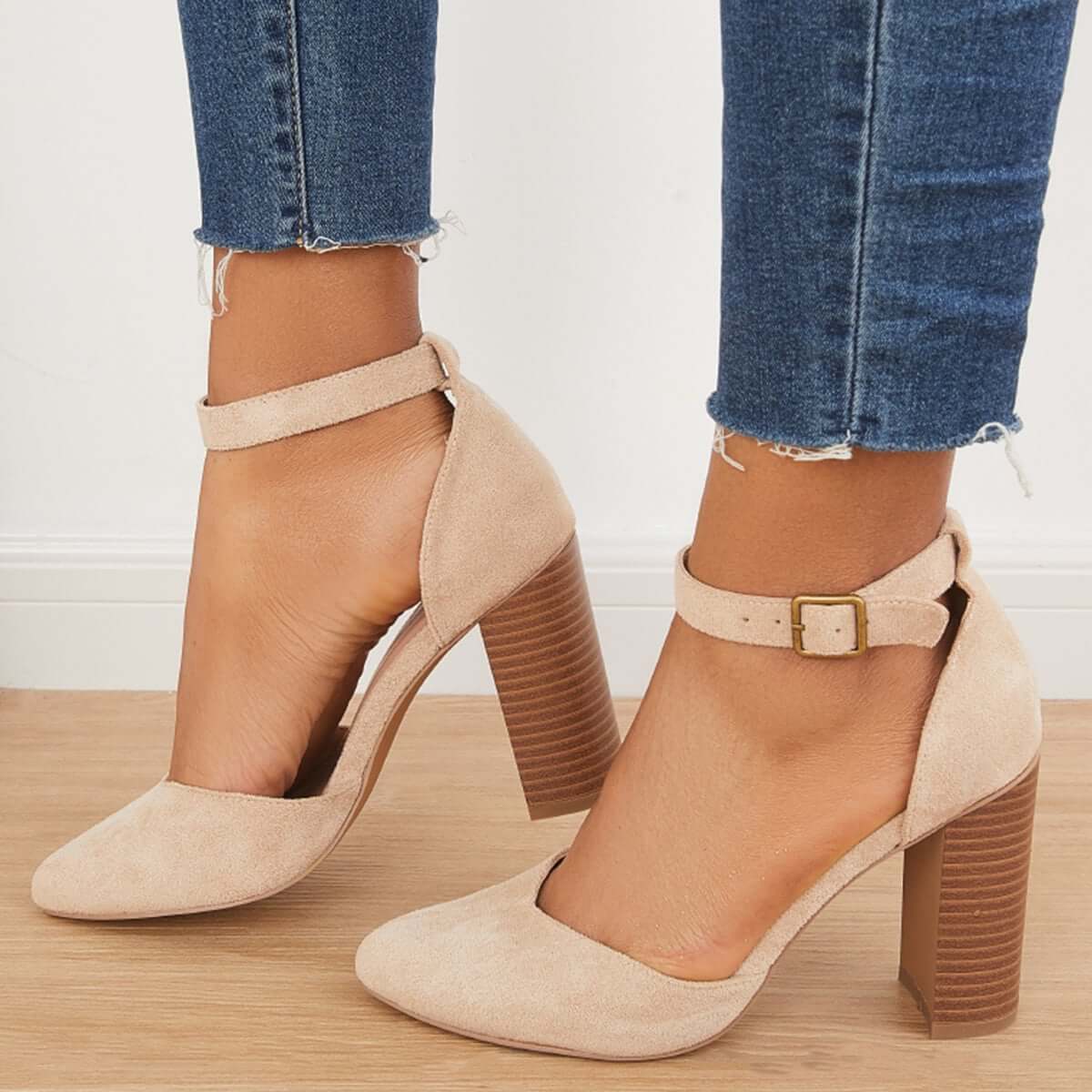 Casual Chunky Block High Heel Pumps Pointed Toe Ankle Strap Heels