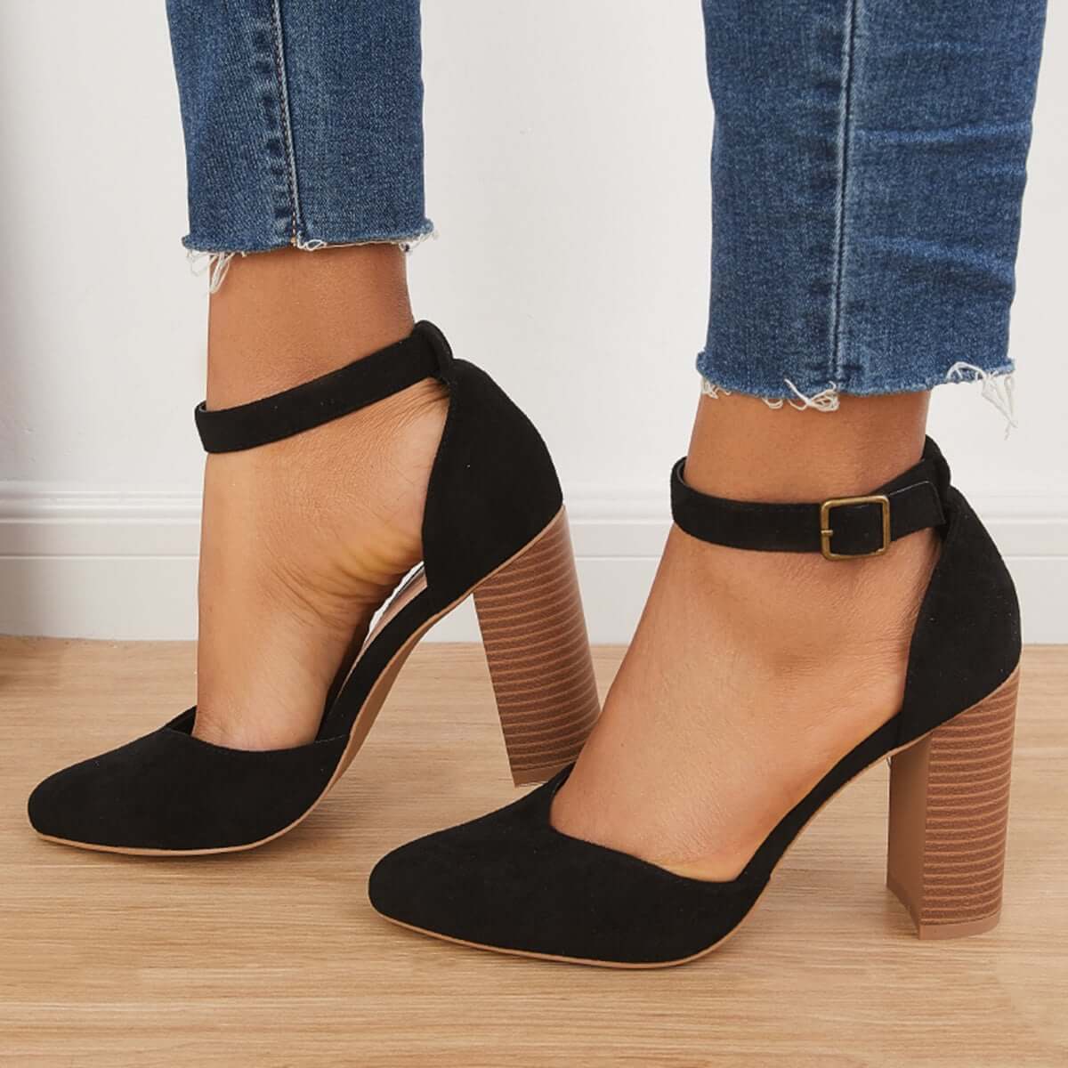 Casual Chunky Block High Heel Pumps Pointed Toe Ankle Strap Heels