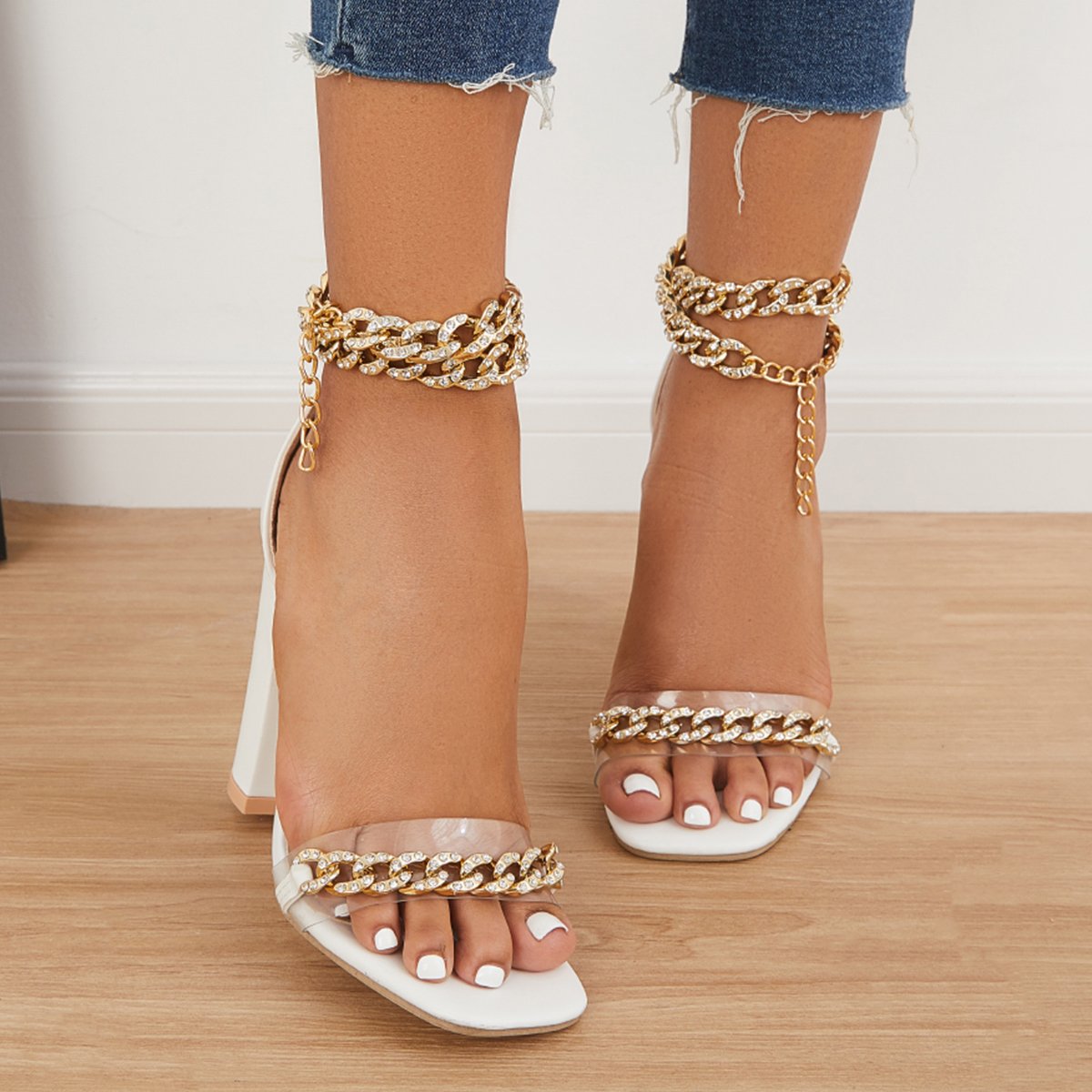 Women's Wedding Heel Rhinestone Ankles Chunky Block Heels Double Chain Strap Sandals Imily Bela