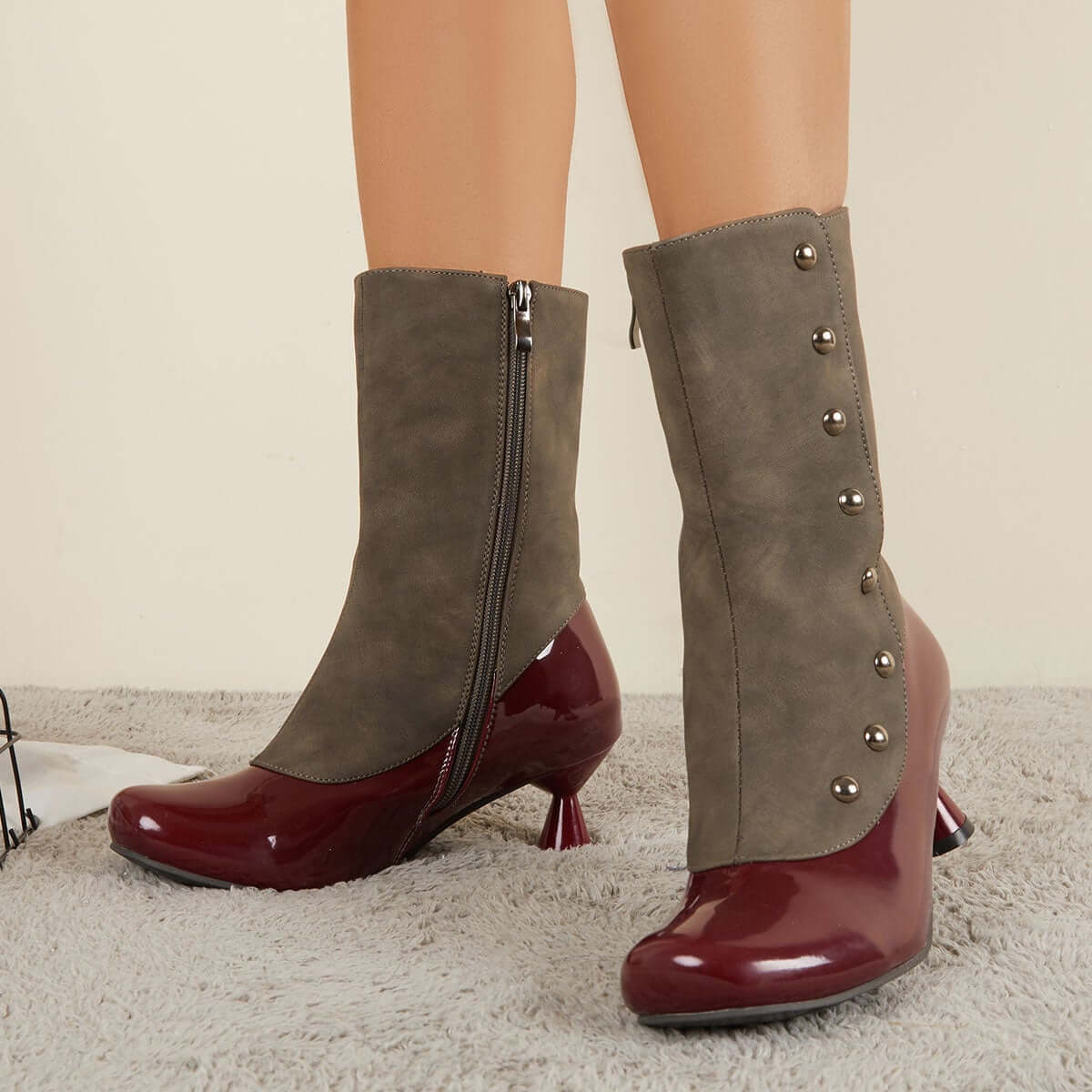 Women's Victorian Button Mid Calf Boots Side Zipper Kitten Heel Booties