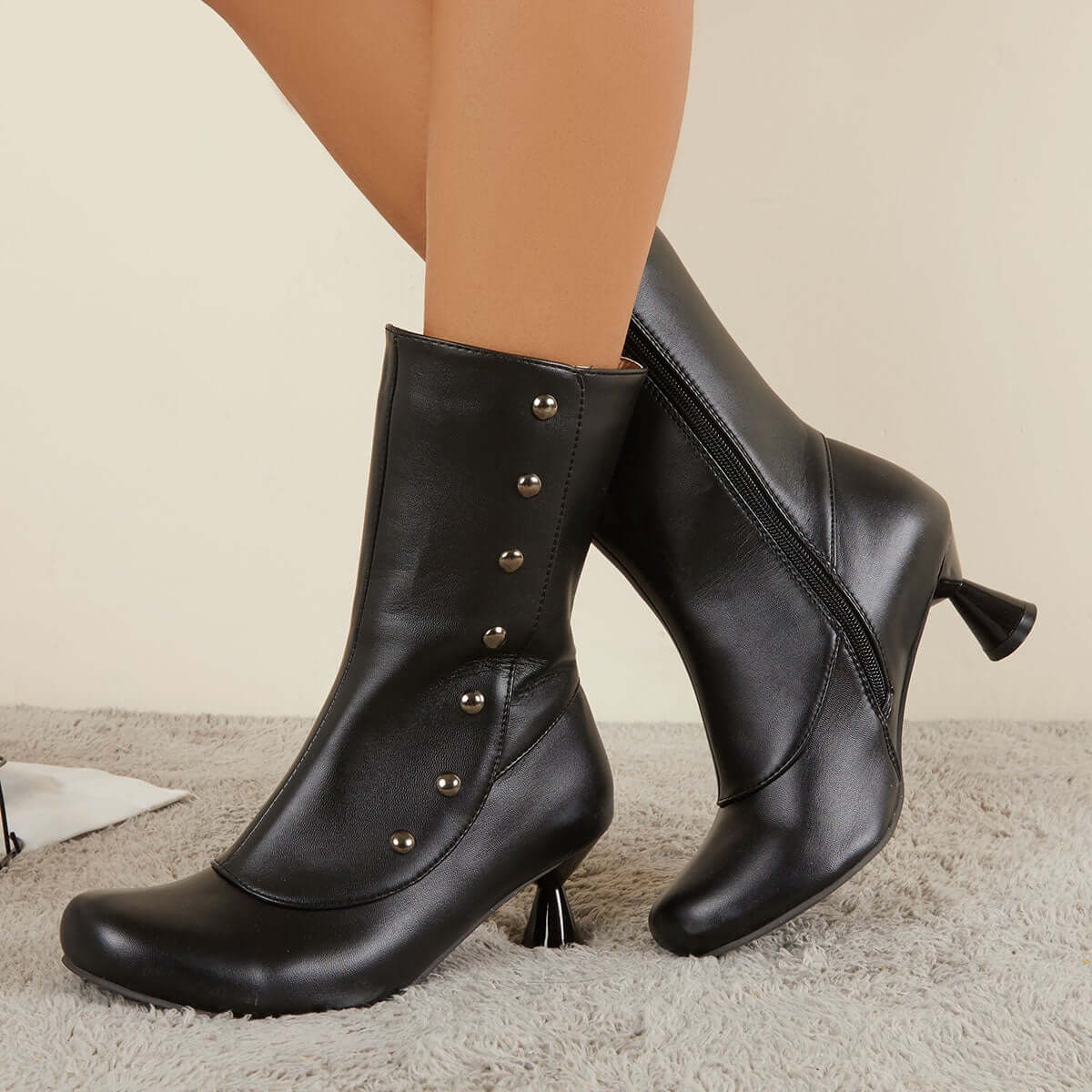 Women's Victorian Button Mid Calf Boots Side Zipper Kitten Heel Booties